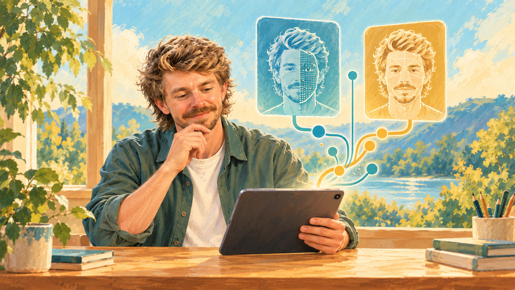 Conceptual illustration of AI Gilbert looking at two complementary facial research tools on a tablet