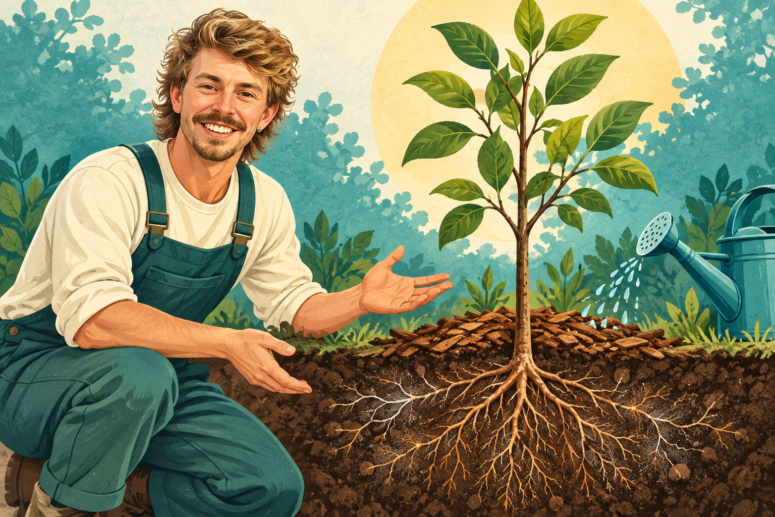 AI Gilbert beside a conceptual sapling, roots, soil and watering can.