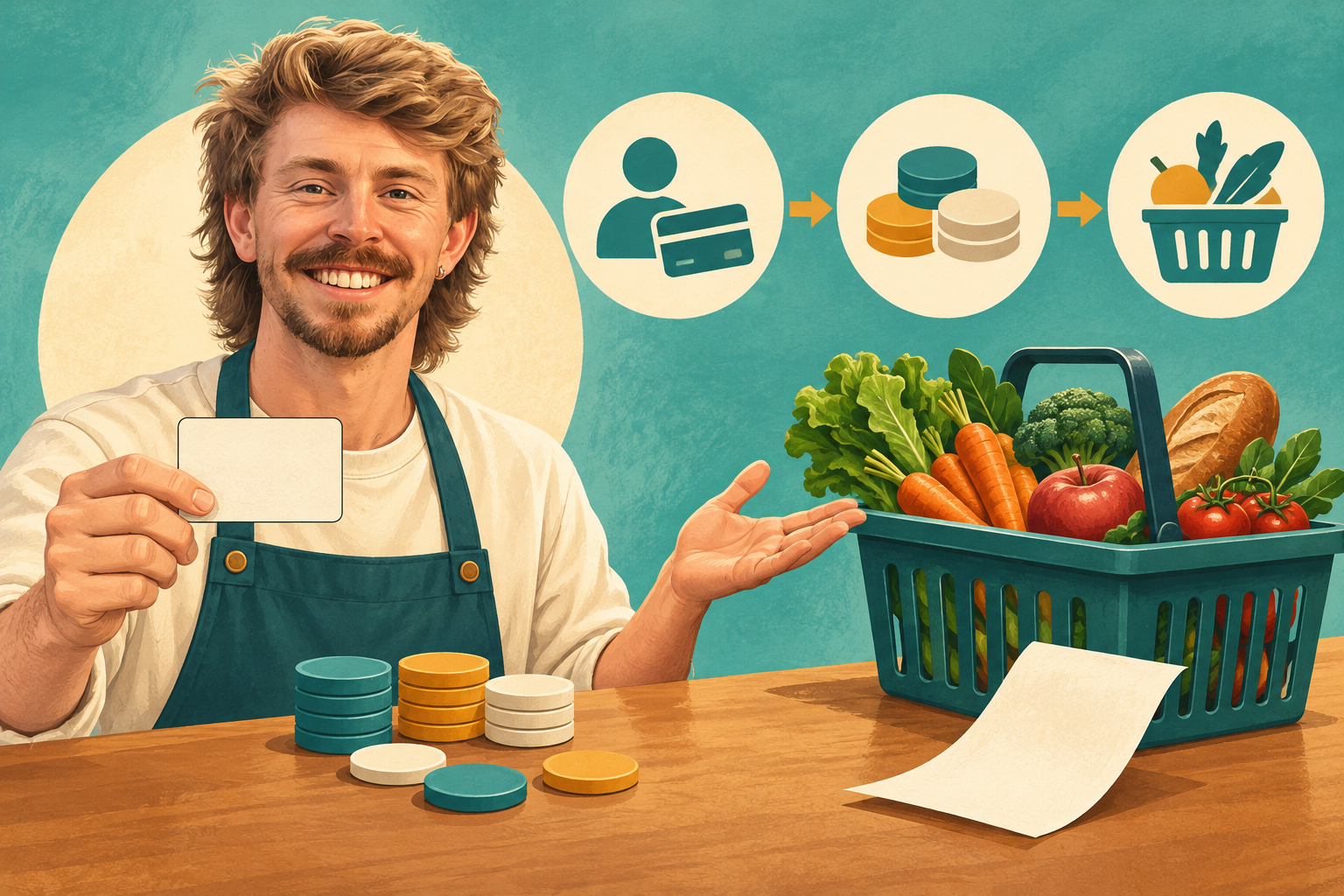 AI Gilbert presents a blank membership card, coloured tokens and a basket of chosen groceries.