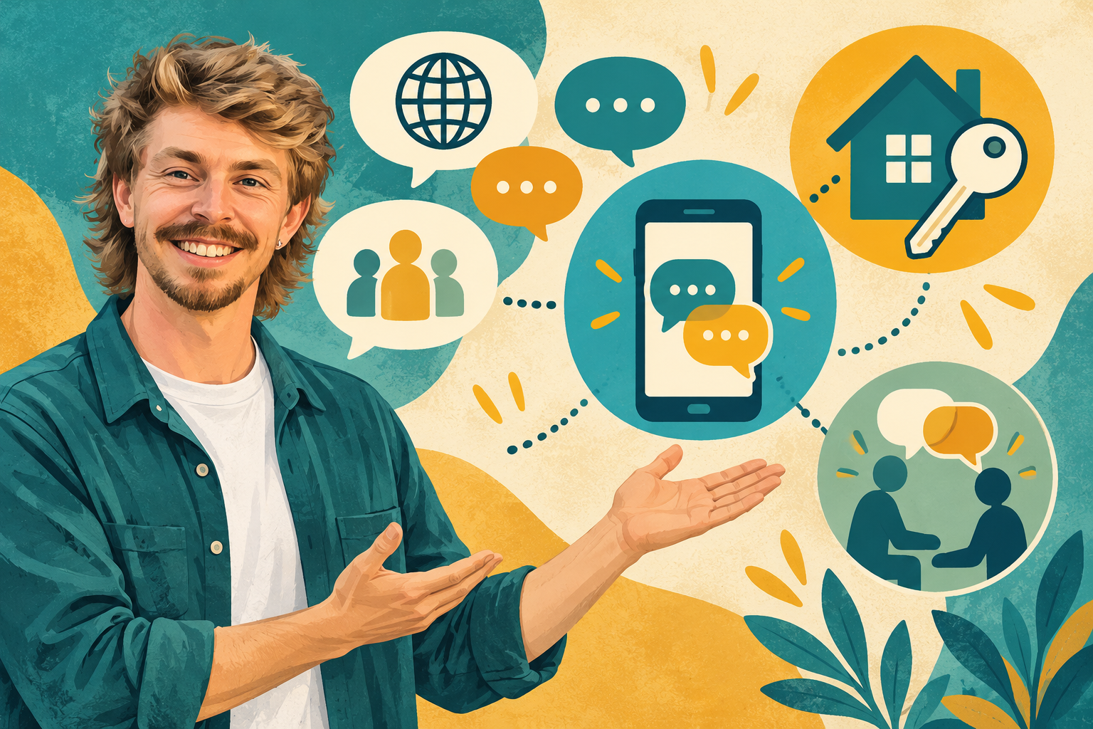 AI Gilbert presents speech bubbles, a phone and housing and support symbols.
