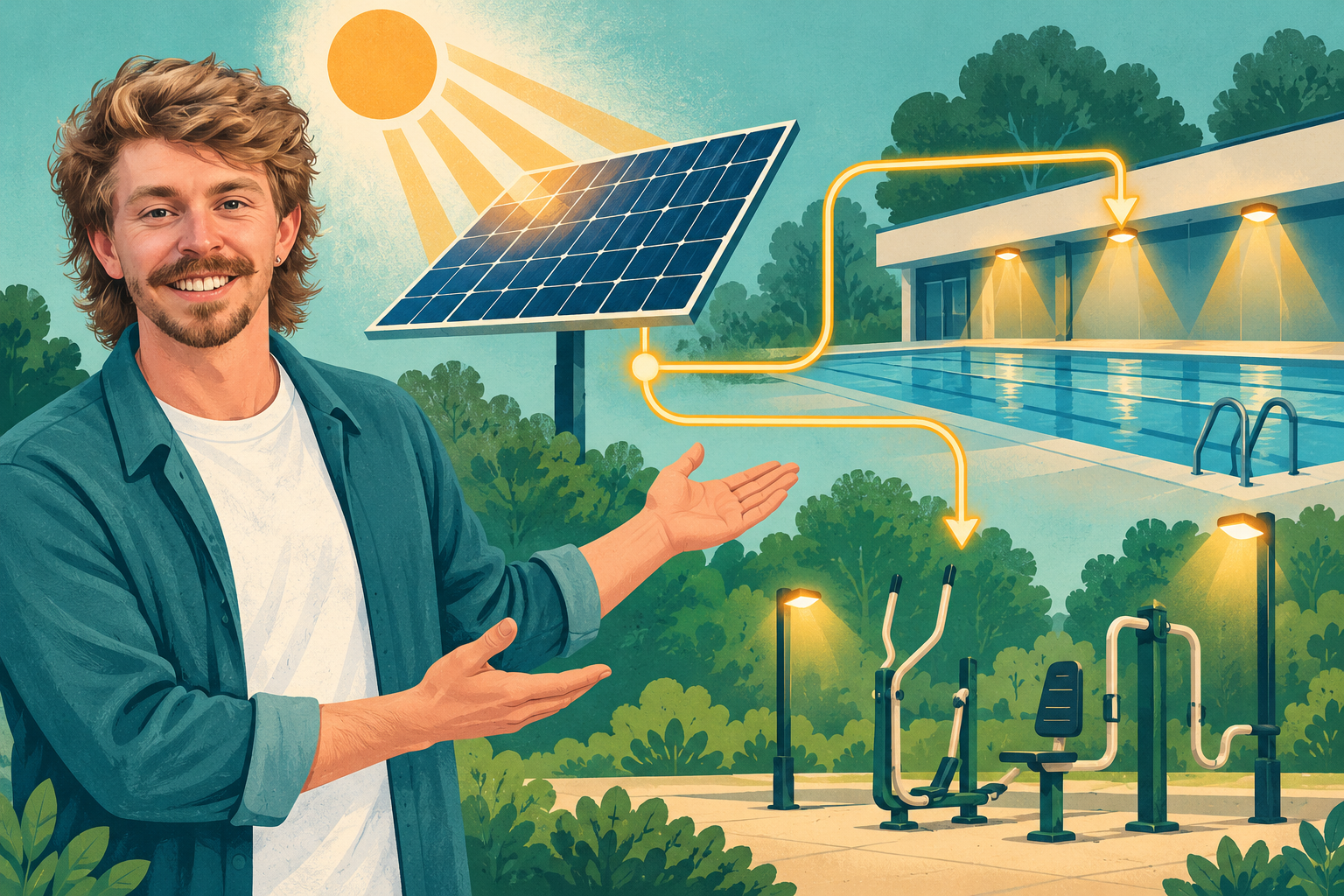 Sunlight reaches an illustrated solar panel, with power flowing to pool lighting and exercise equipment beside AI Gilbert.