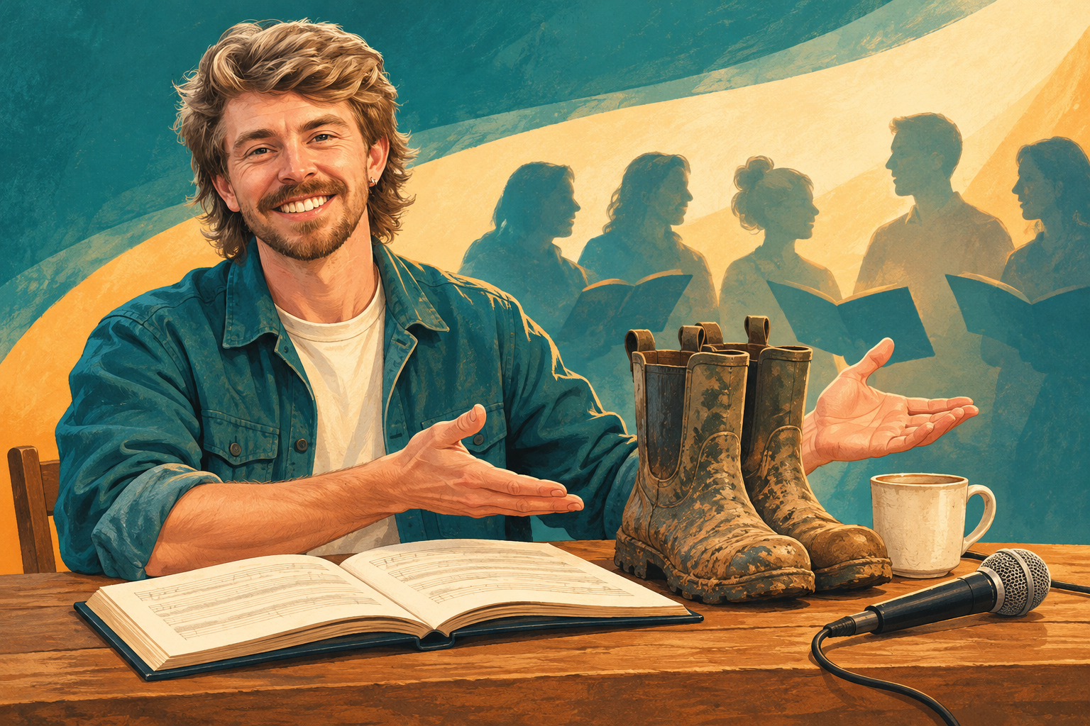 AI Gilbert beside farm boots, a music book, mug and microphone, with abstract choir silhouettes.