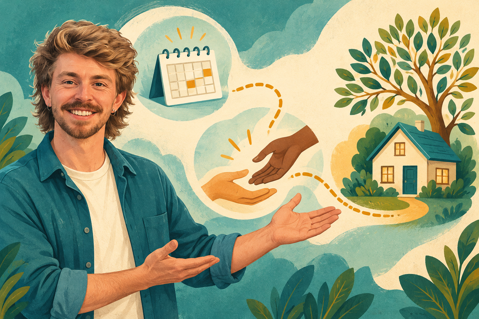 AI Gilbert beside calendar, helping-hands and home symbols representing different forms of care.