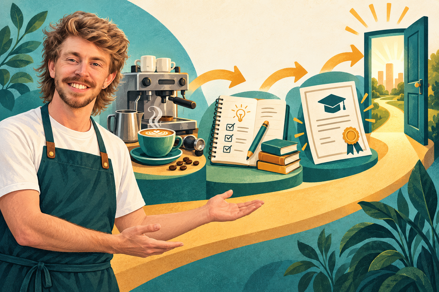 AI Gilbert presents an illustrated path from café skills and learning to a qualification and work.