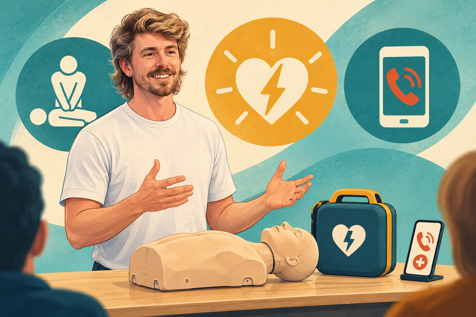 AI Gilbert presents a training mannequin, generic defibrillator case and emergency phone icons.