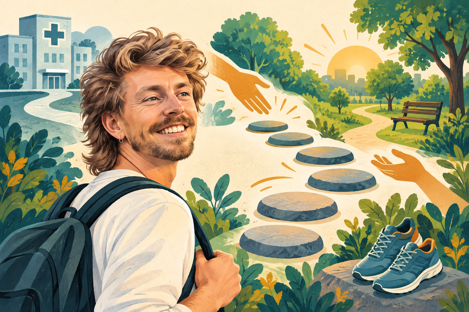 AI Gilbert beside a conceptual path from hospital care towards a park, with supportive hands and running shoes.