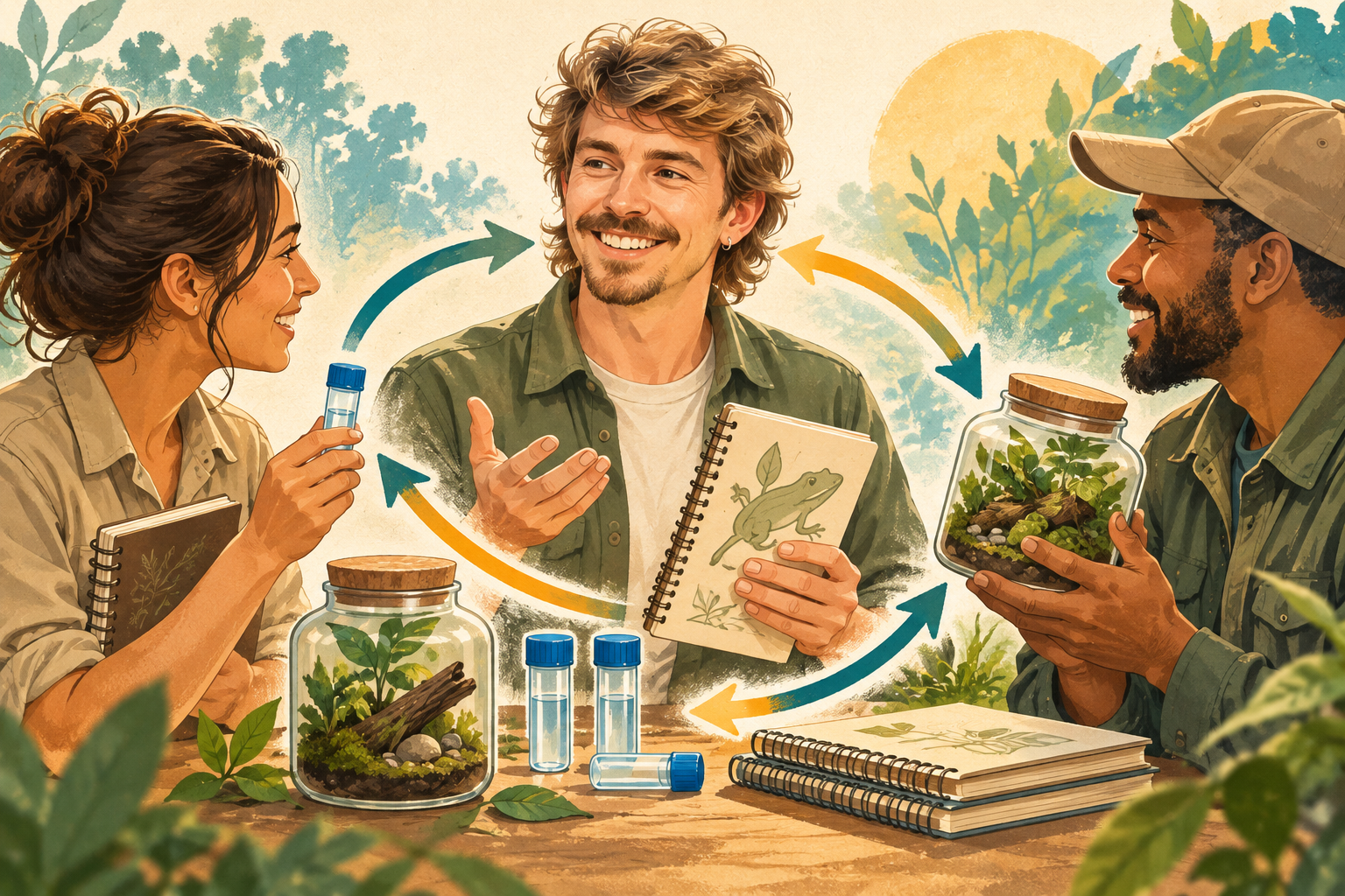 AI Gilbert and invented conservation workers share notebooks and habitat-care materials in a conceptual illustration.