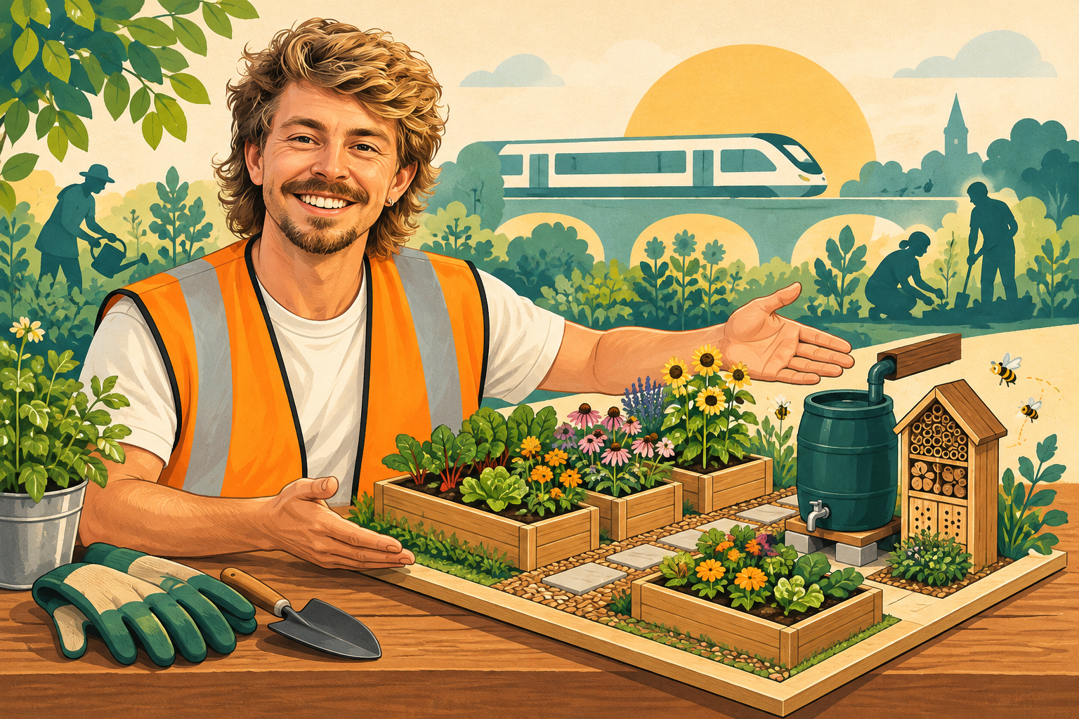 AI Gilbert presents a model of raised beds, a rainwater barrel and a bee hotel.
