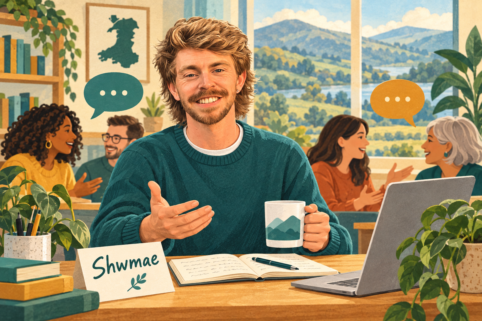 AI Gilbert sits with a Welsh greeting card in an illustrated language learning space.