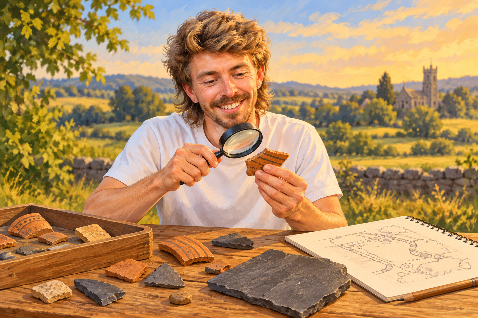 AI Gilbert examines fictional archaeological fragments beside a drawn map; an illustrative investigation scene.