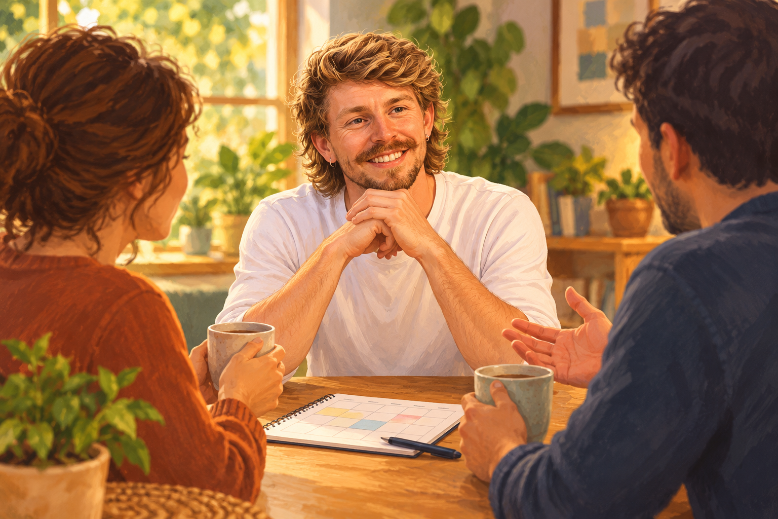 AI Gilbert listens to fictional adults around a table with mugs and a planner.
