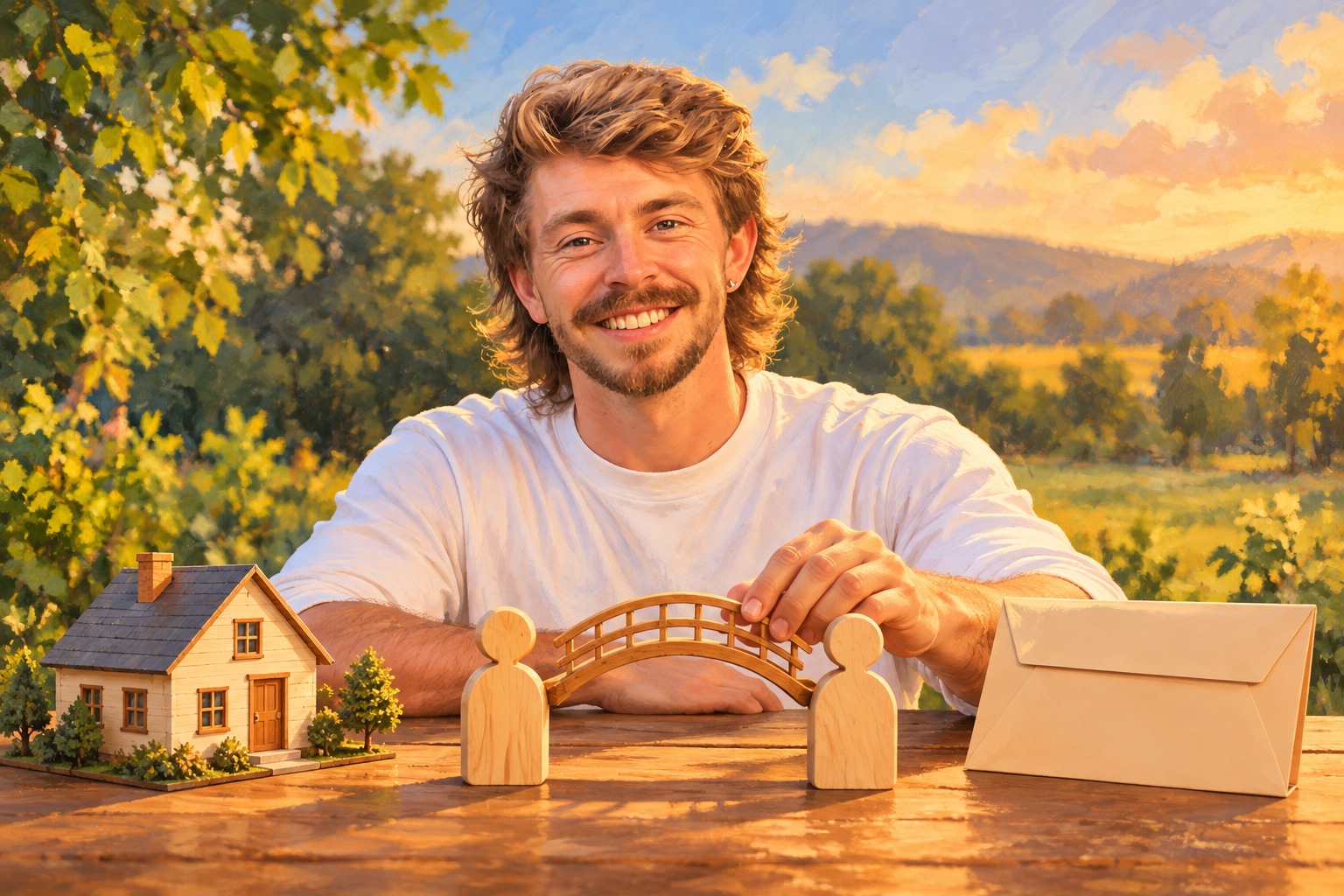 AI Gilbert presents a conceptual bridge between a family home, two wooden figures and a grant envelope.