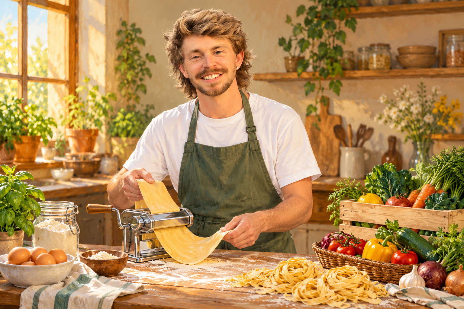 AI Gilbert makes fresh pasta beside vegetables and eggs in a conceptual kitchen scene.