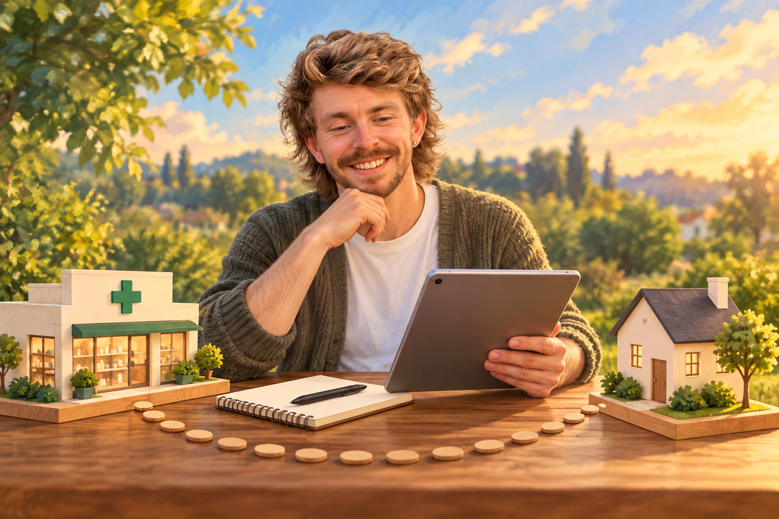 AI Gilbert uses a tablet beside conceptual models of a pharmacy and a home.