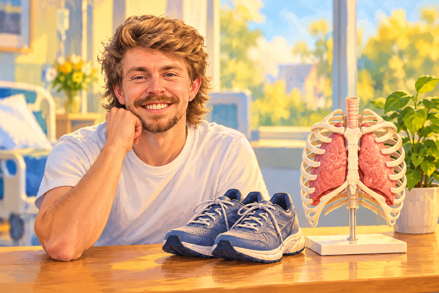 AI Gilbert sits beside walking shoes and a model showing lungs inside a rib cage.