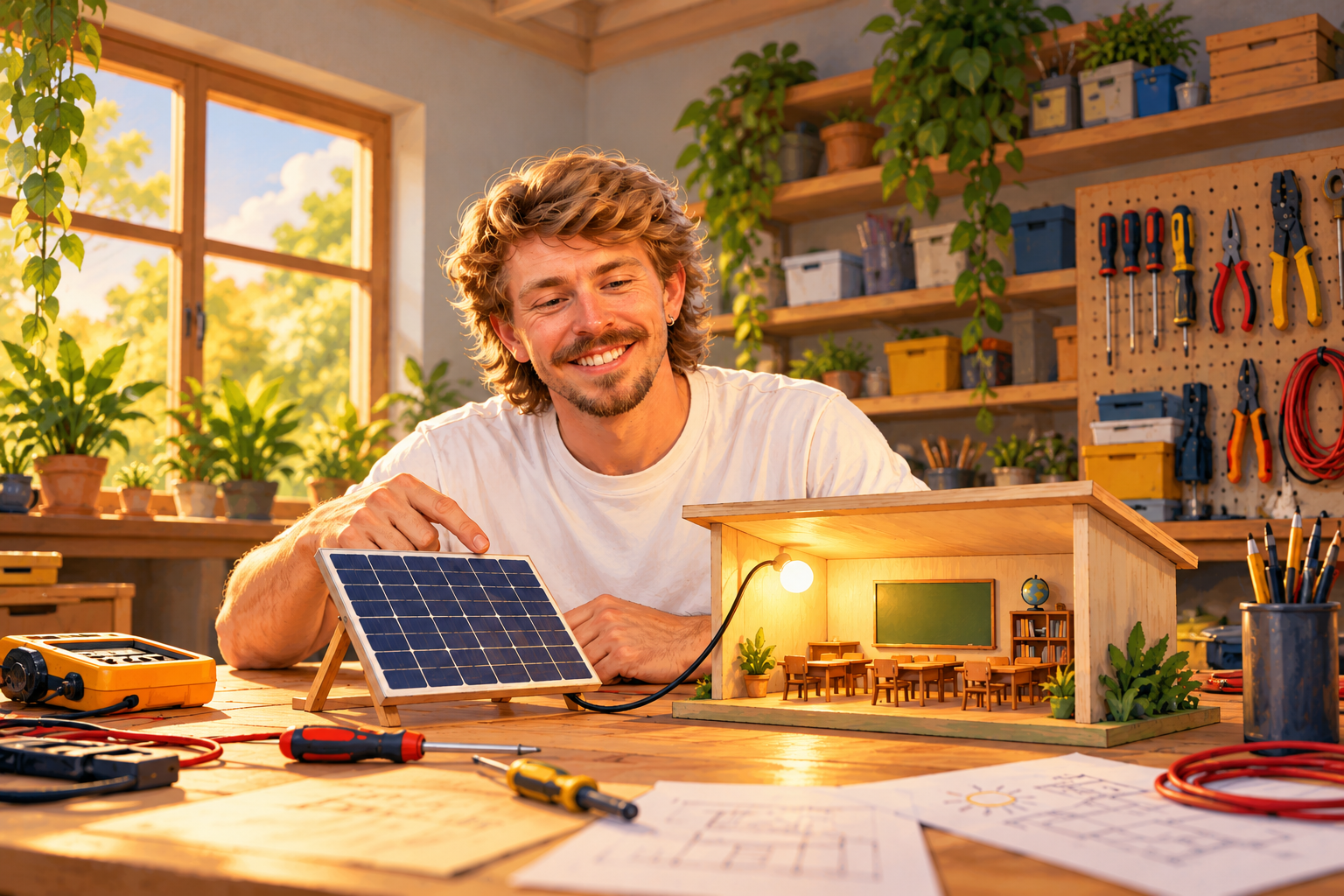 AI Gilbert presents a model solar panel connected to a miniature lit classroom.