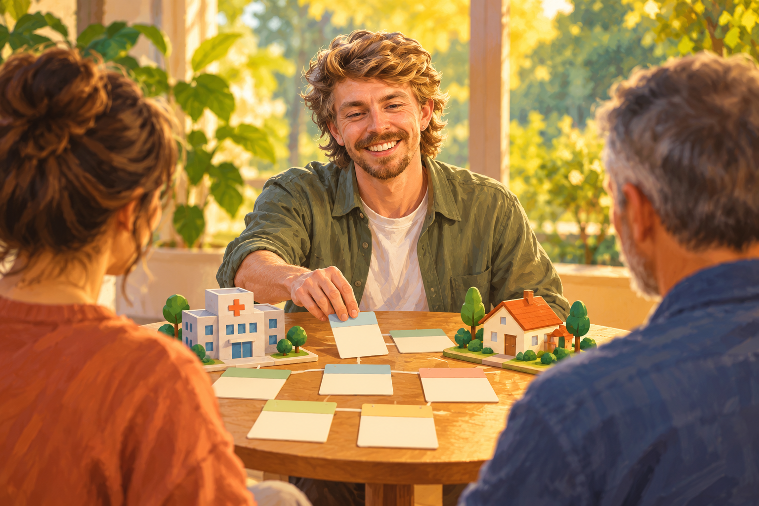 AI Gilbert and fictional adults plan around cards and models of a hospital and a home.