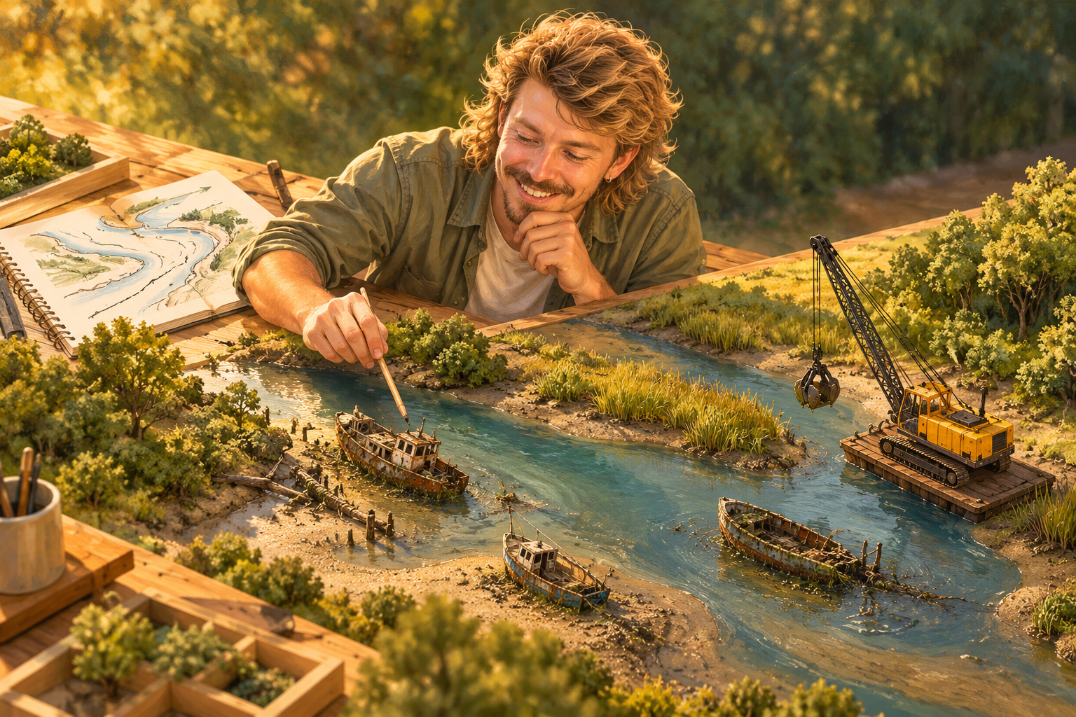 AI Gilbert examines a tabletop model of an estuary with derelict boats and a removal crane.