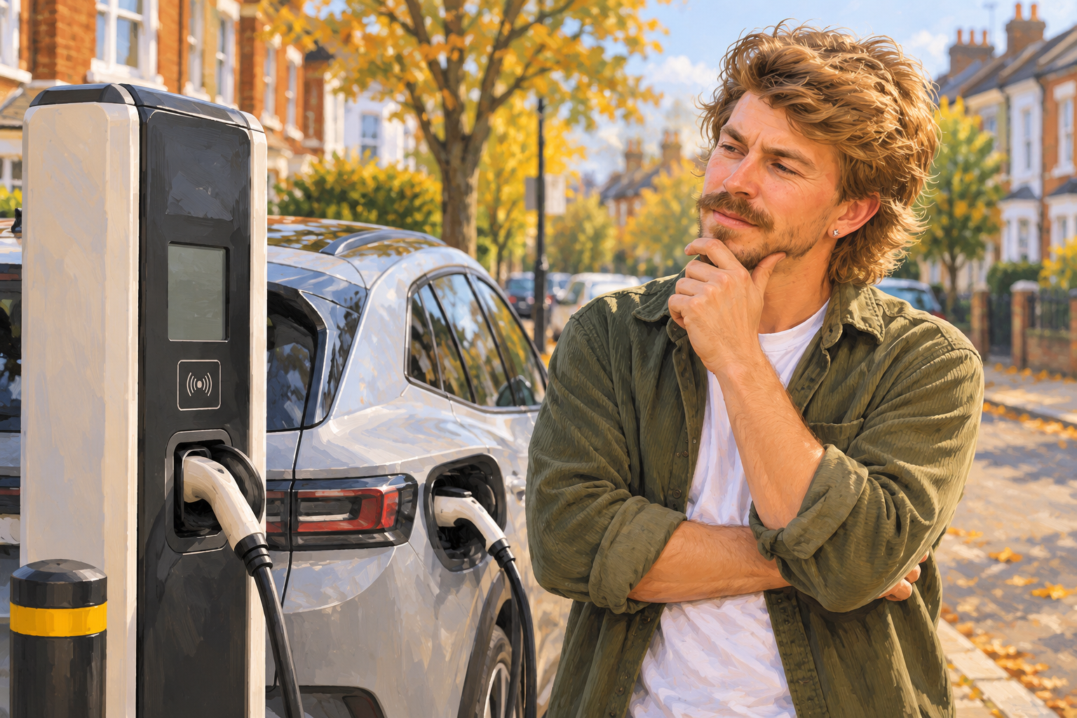 AI Gilbert considers a public electric-car charger in a conceptual British street scene.