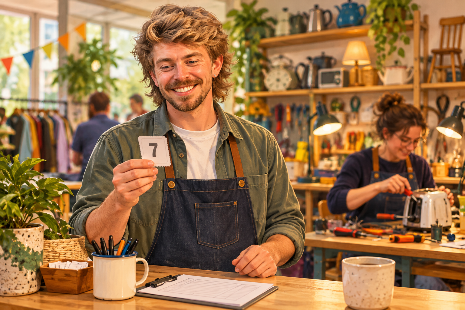 AI Gilbert holds a numbered ticket at an illustrative repair café welcome desk.
