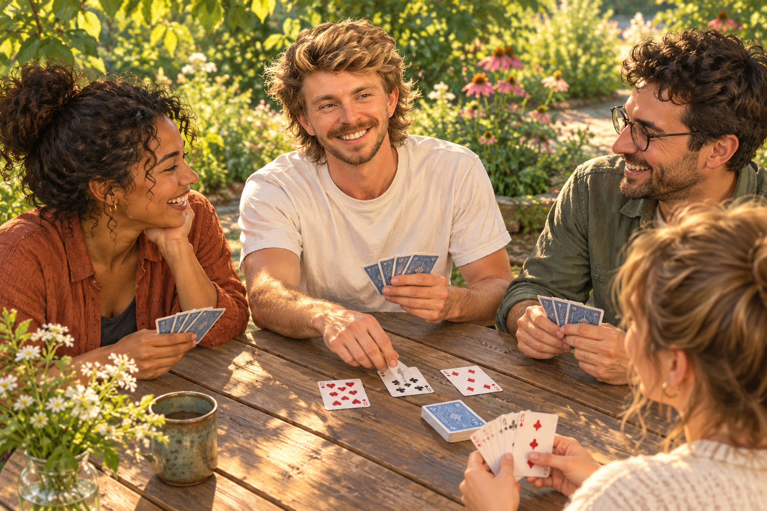 Illustration of AI Gilbert and adults sharing a card game at a picnic table; not an actual Scotty’s event.