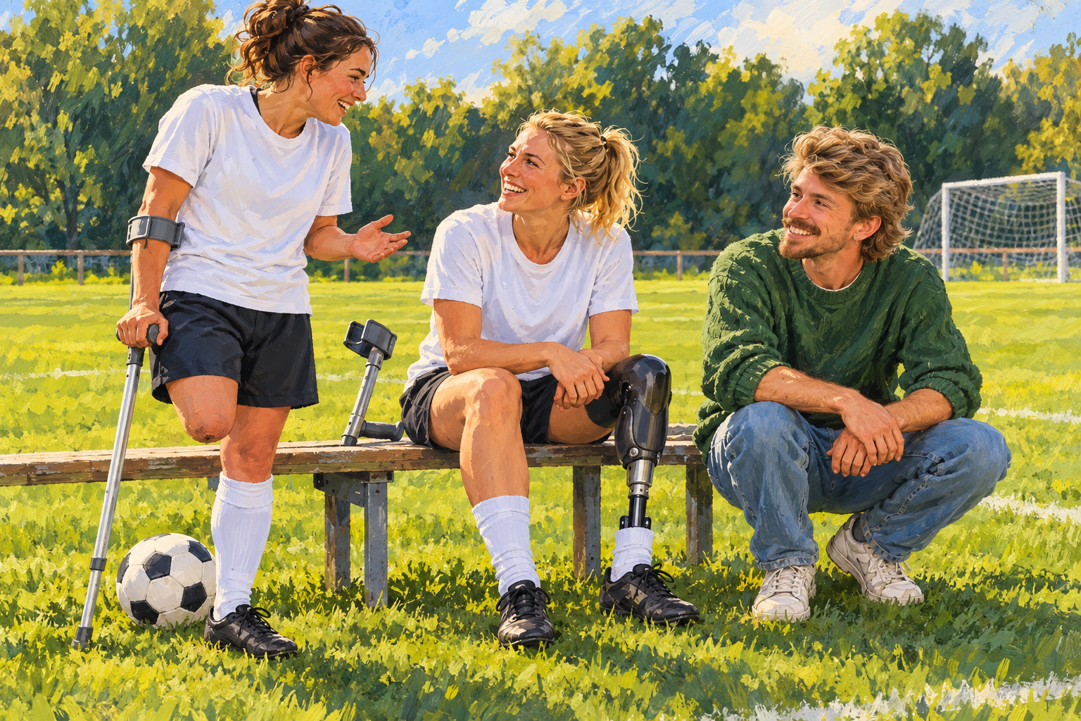 AI illustration of Gilbert listening to two fictional women amputee footballers beside a pitch.