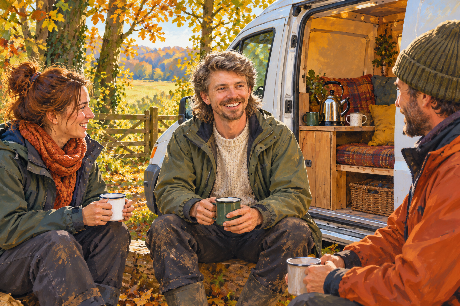 AI illustration of Gilbert and fictional conservation volunteers taking a break beside a welfare van in woodland.