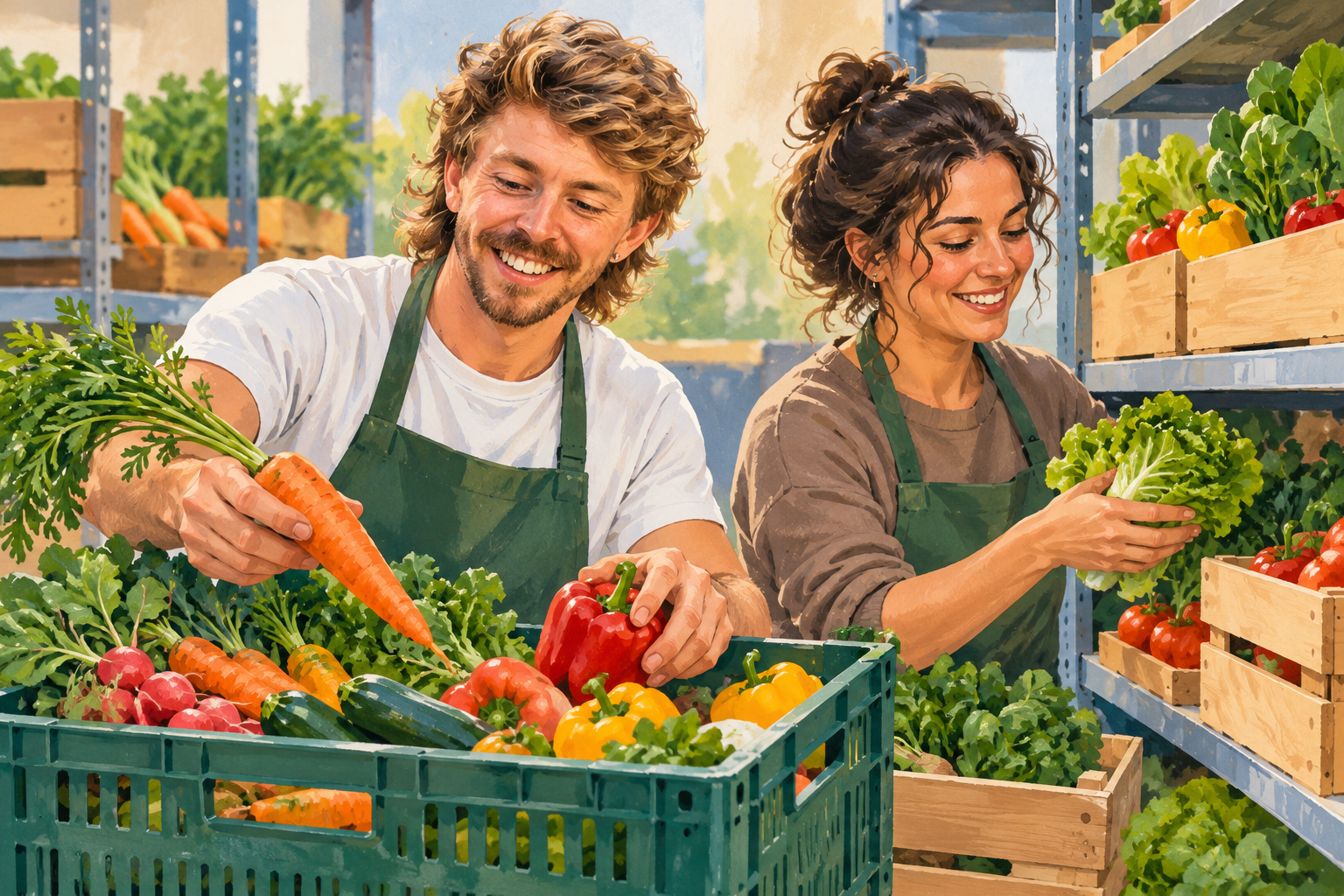 AI illustration of Gilbert and a generic volunteer sorting fresh surplus vegetables in a community grocery.