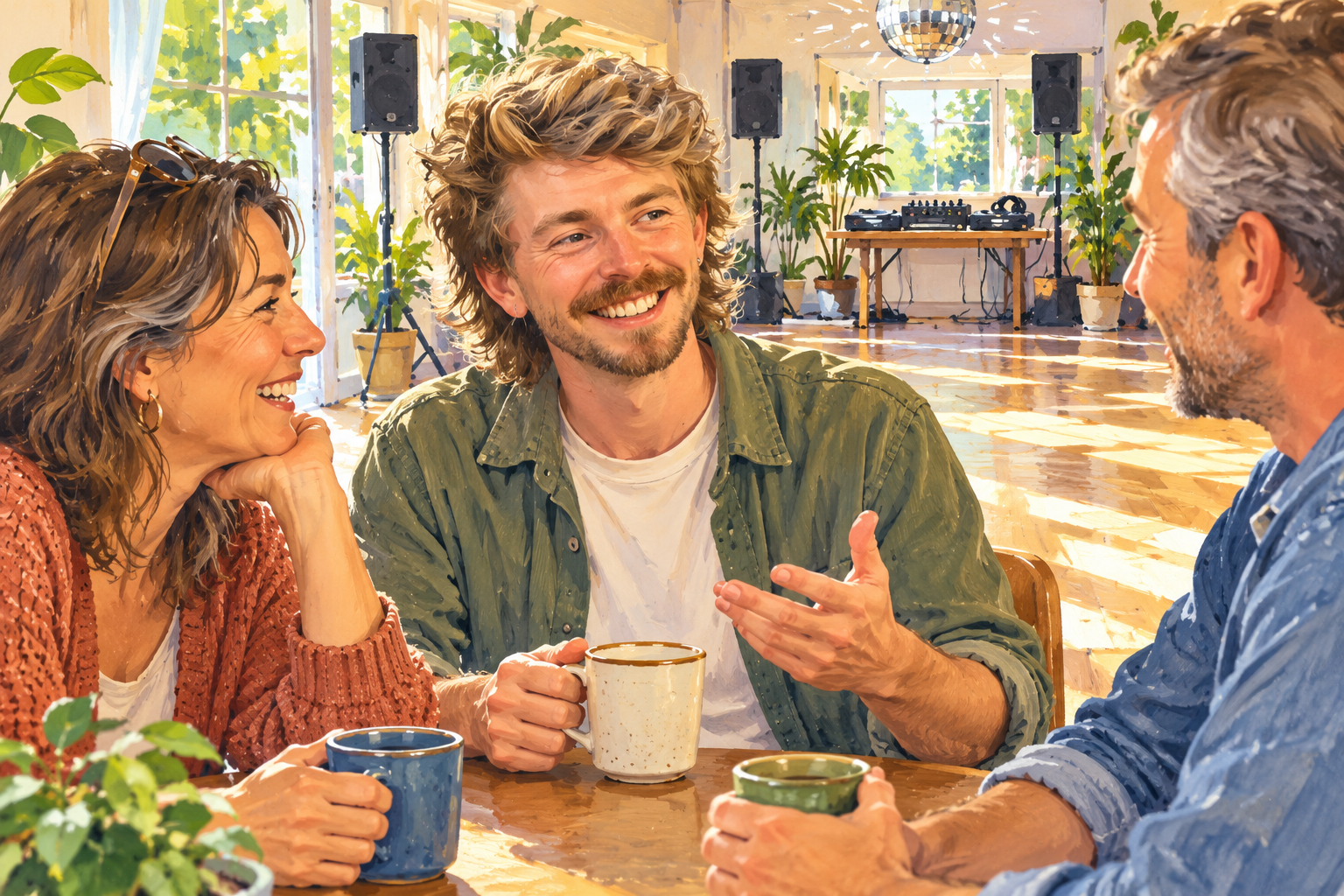 AI illustration of Gilbert sharing coffee and conversation with neighbours after daytime dancing in a generic café.