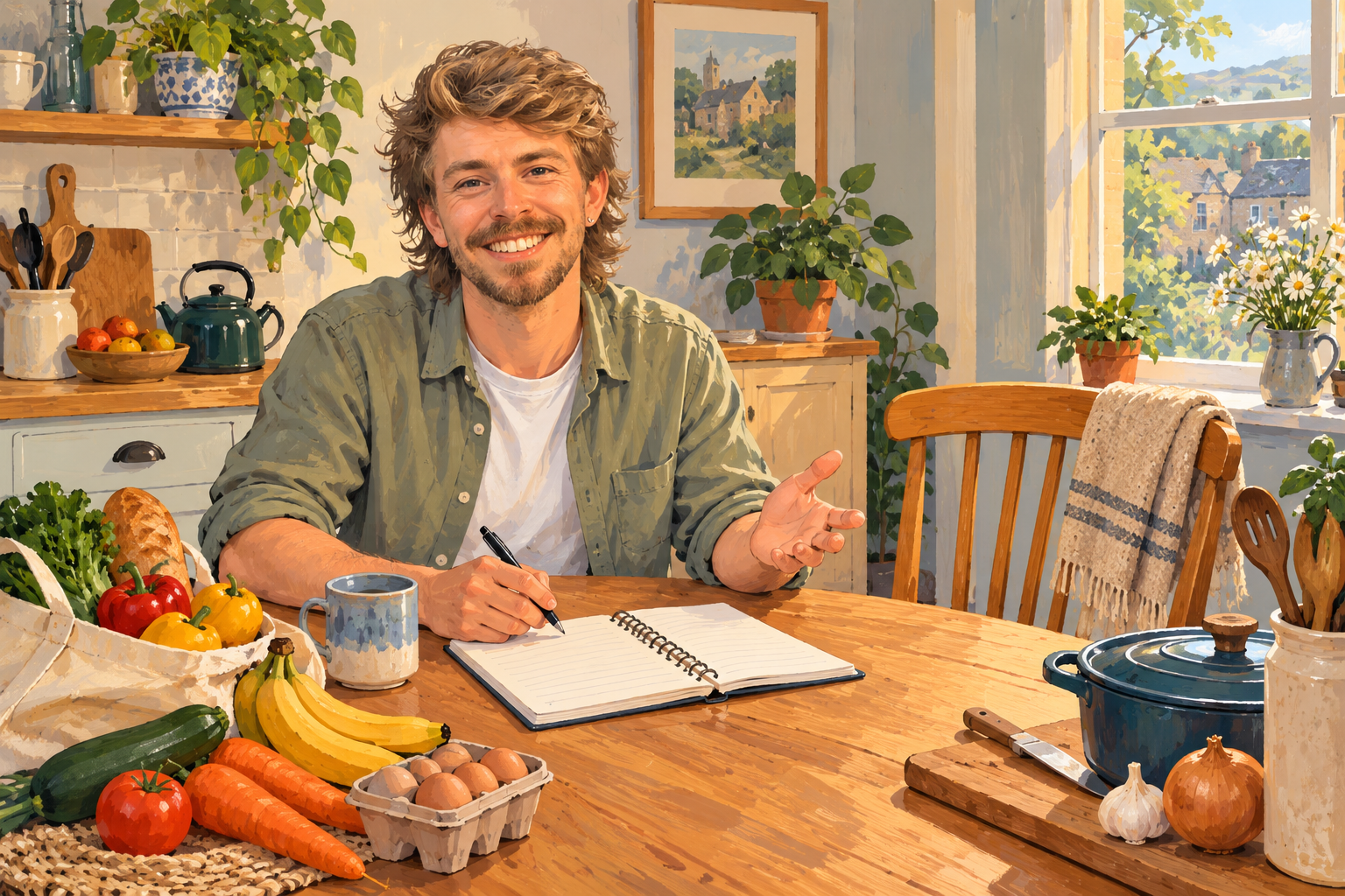 AI illustration of Gilbert at a kitchen table with groceries and a household budget notebook, representing practical hosting support.