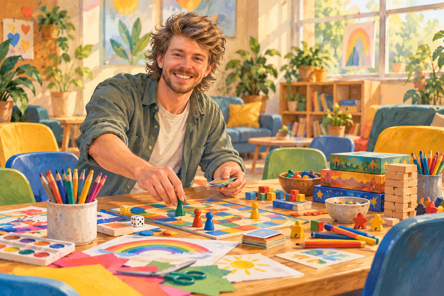AI illustration of Gilbert preparing board games and art materials in a generic family activity room.