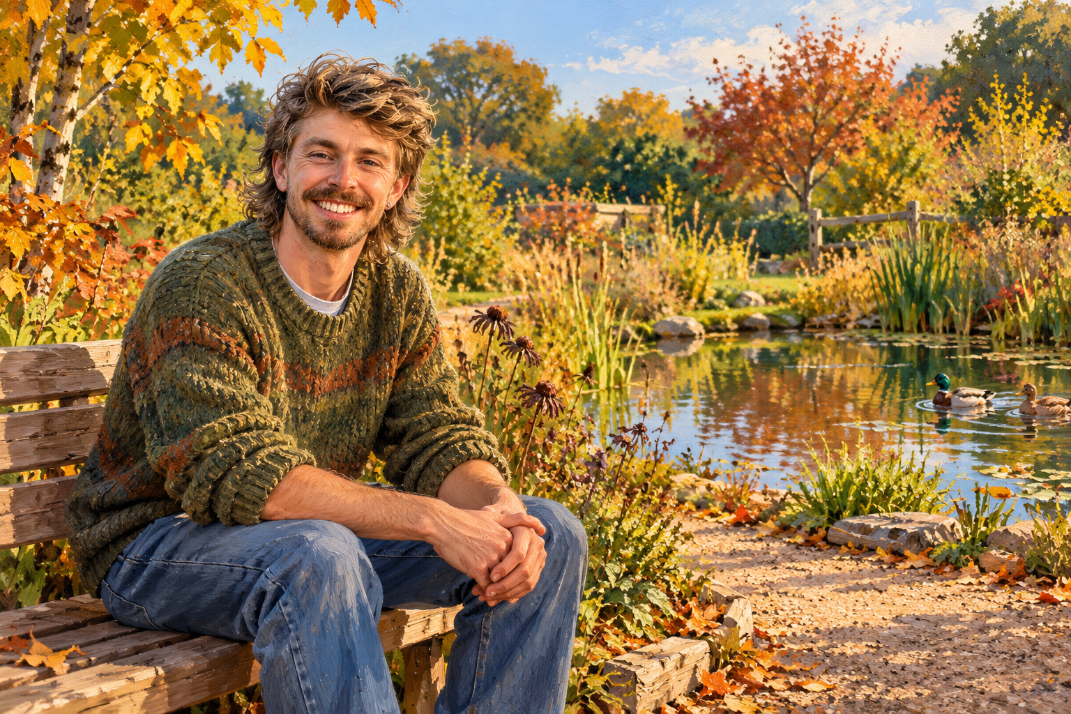 AI illustration of Gilbert sitting beside a pond in a generic autumn community garden.