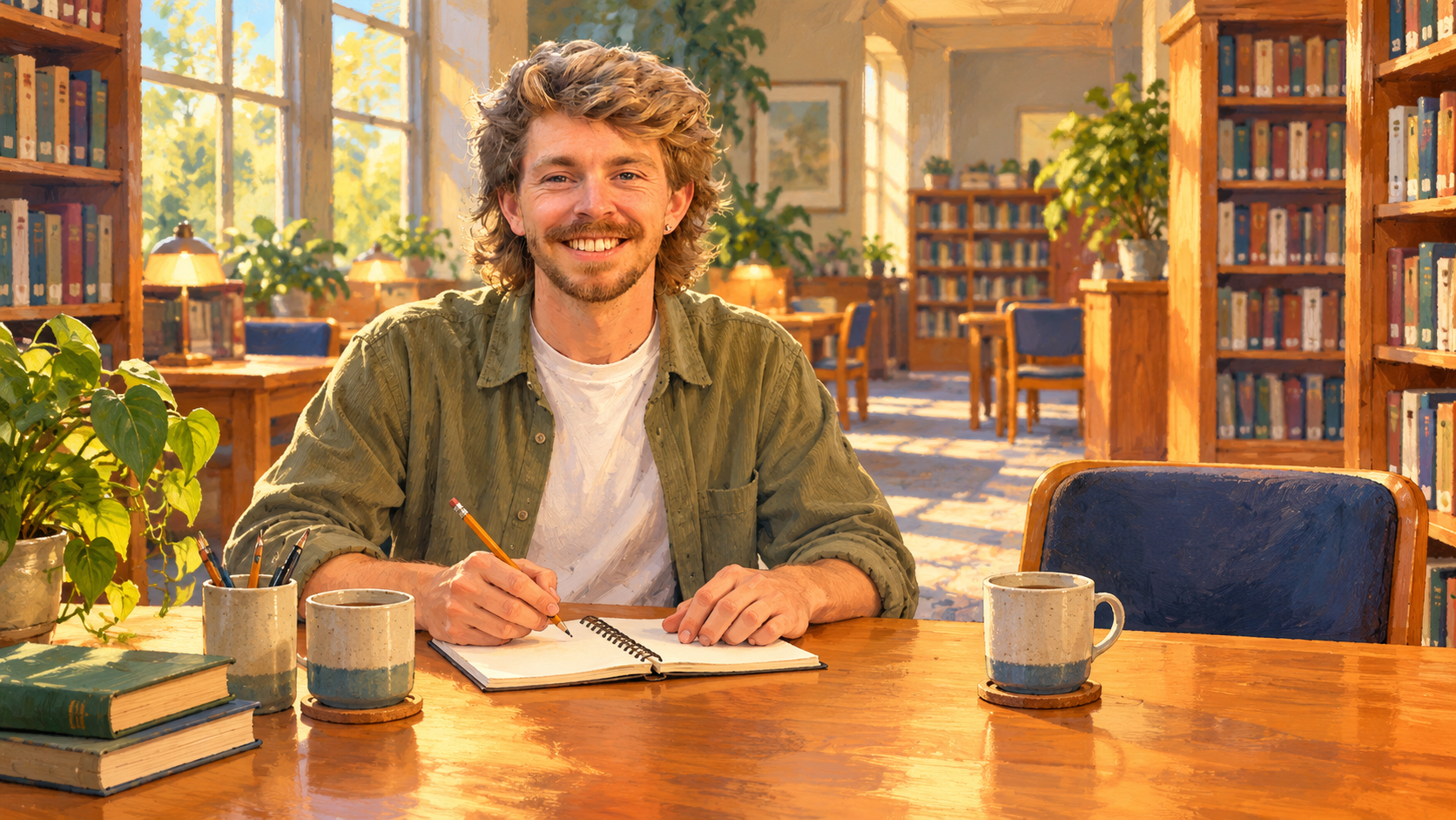 AI illustration of Gilbert preparing a notebook and two cups beside an empty chair in a generic library.