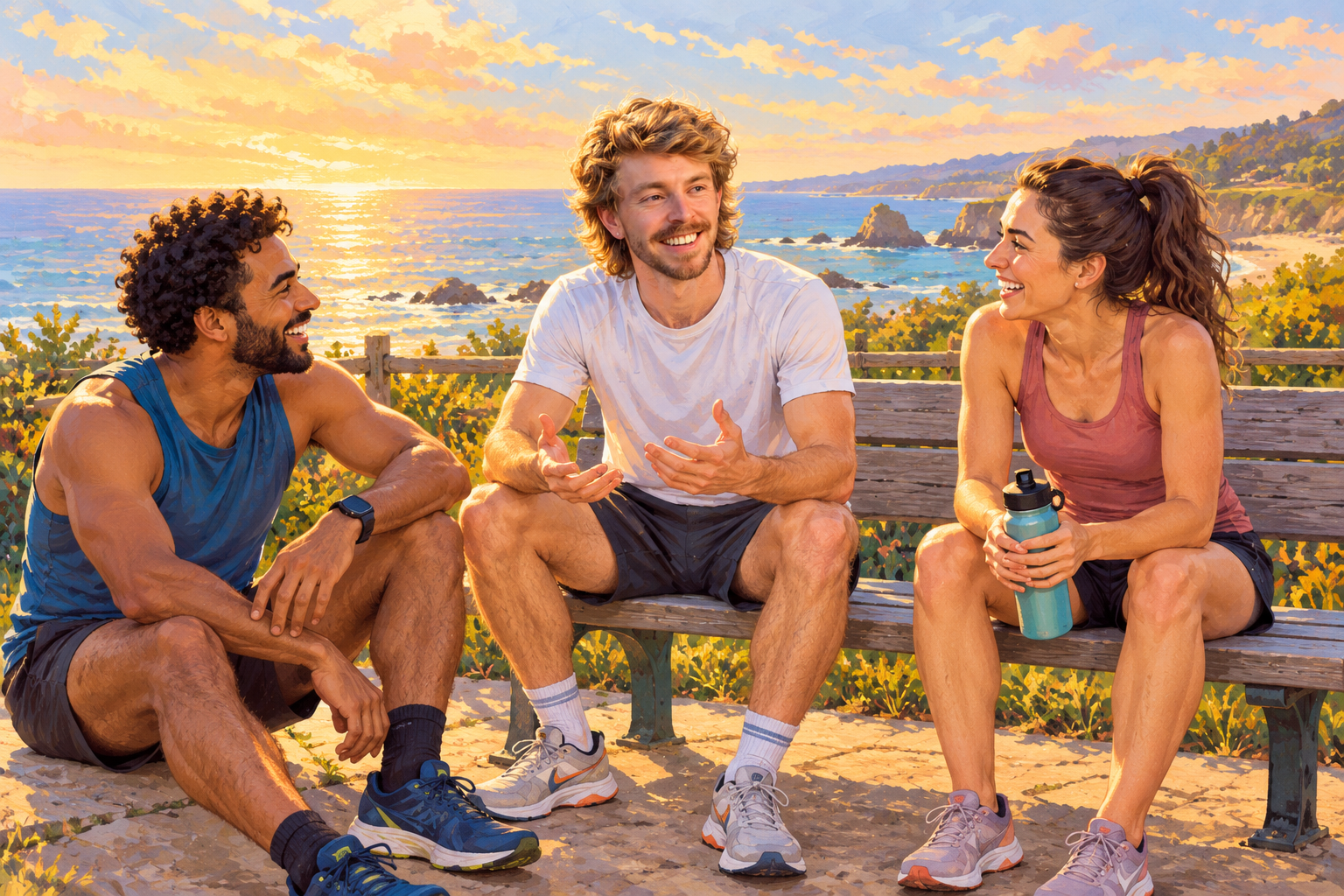 AI illustration of Gilbert and two generic runners chatting on a seaside bench after a run.