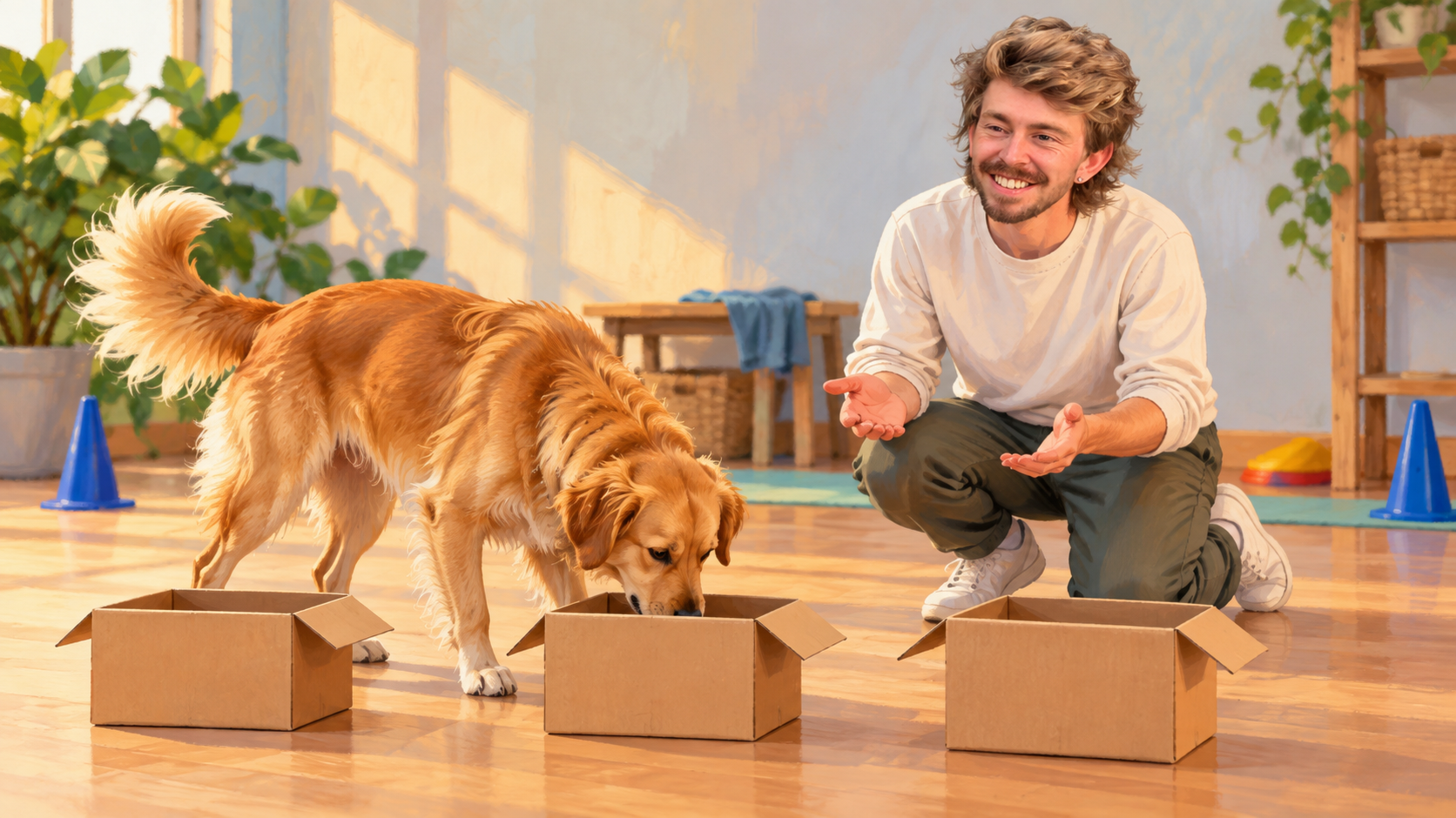 Conceptual illustration of AI Gilbert encouraging a generic golden dog to explore cardboard boxes by scent; neither the dog nor the setting depicts Hero’s reported story.