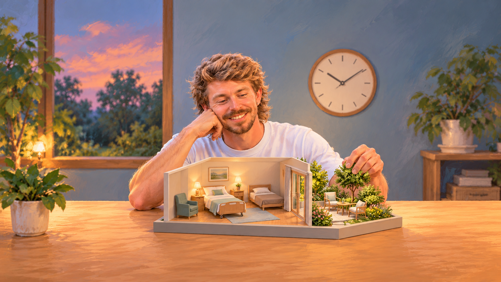 Conceptual illustration of AI Gilbert beside a miniature care room with an extra bed for a relative and a small garden.