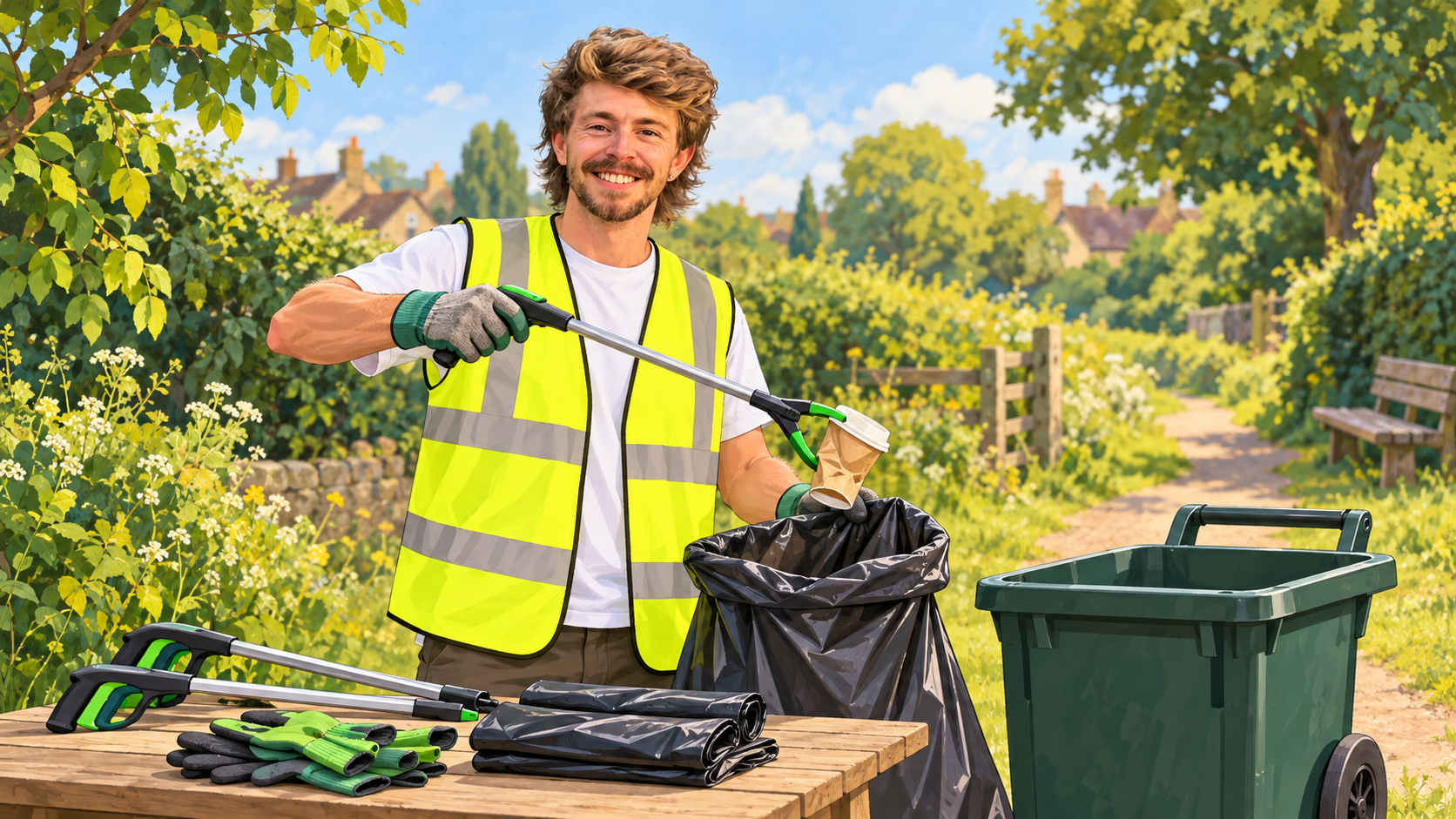 Conceptual illustration of AI Gilbert using a litter picker beside collection bags and equipment; this does not depict Tom McGrory or Annahilt.