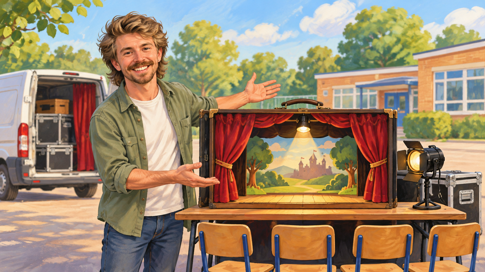 Conceptual illustration of AI Gilbert beside a miniature portable stage, with a van and school in the background.