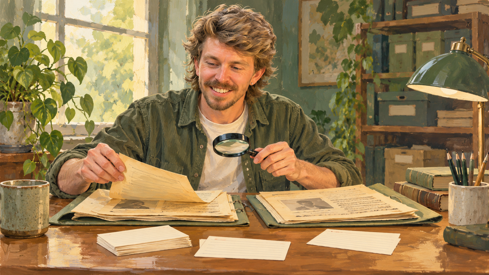 Conceptual illustration of AI Gilbert comparing archive folders with a magnifying glass.