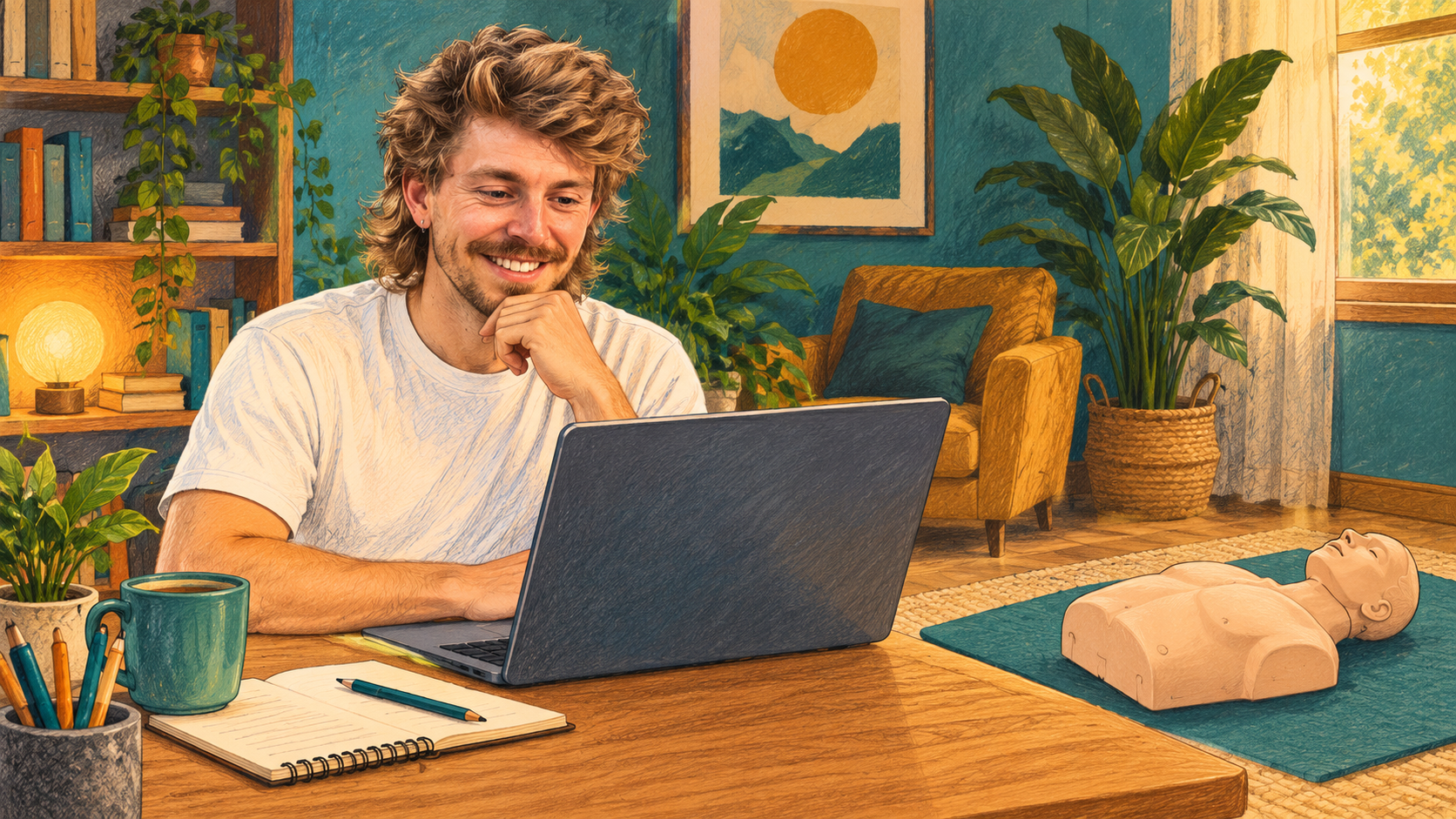 Conceptual illustration of AI Gilbert at a laptop beside a CPR training manikin.