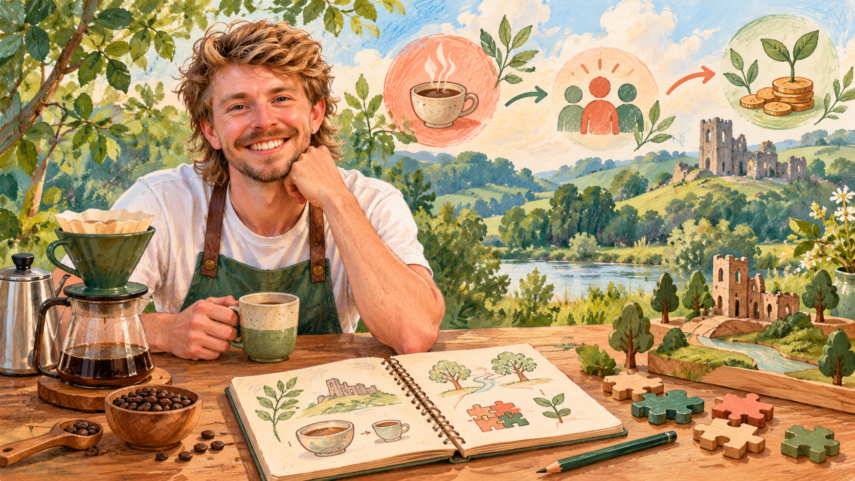 Conceptual illustration of AI Gilbert with coffee equipment, a learning notebook, puzzles and a woodland model.