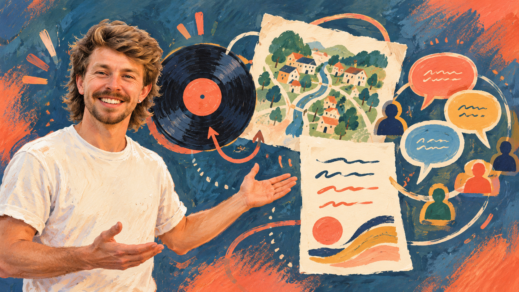 Conceptual illustration of AI Gilbert beside music, a village map, a poem and speech bubbles.