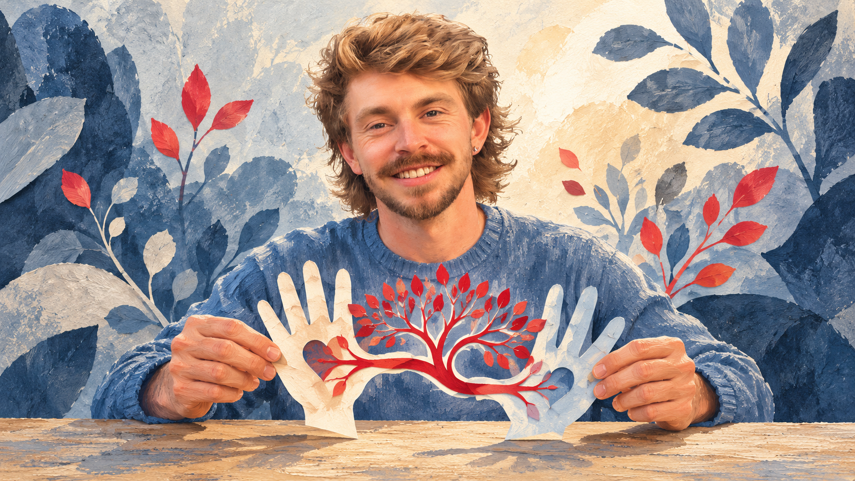 AI Gilbert holding paper hands linked by a red branching tree, symbolising donation and recovery.