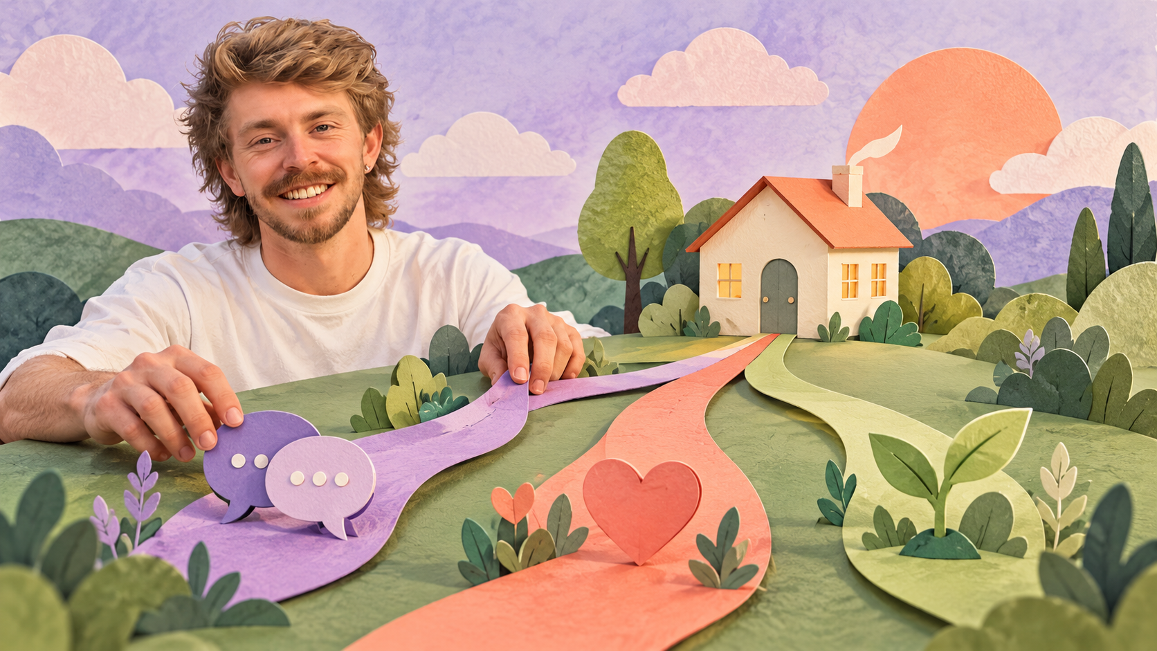 AI Gilbert beside connected paper paths leading to symbols for a home, conversation and physical health, illustrating coordinated support.