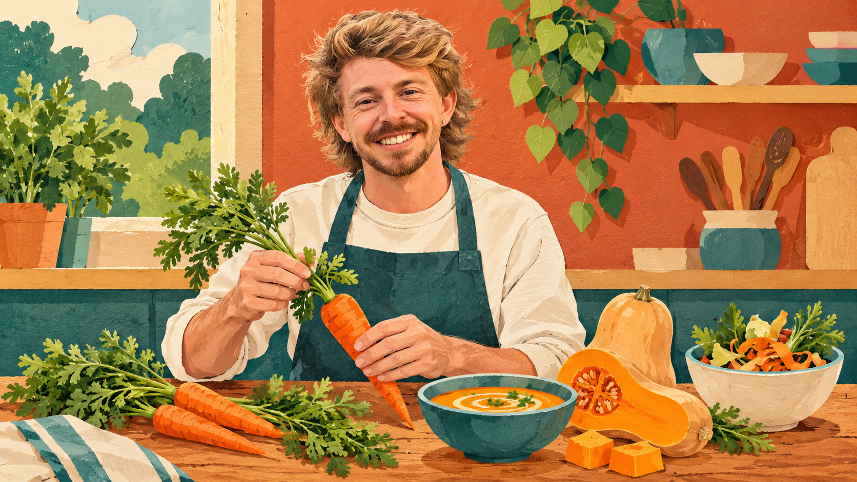 AI Gilbert holding a carrot with its leafy tops beside soup and squash, illustrating cooking skills and food waste reduction.
