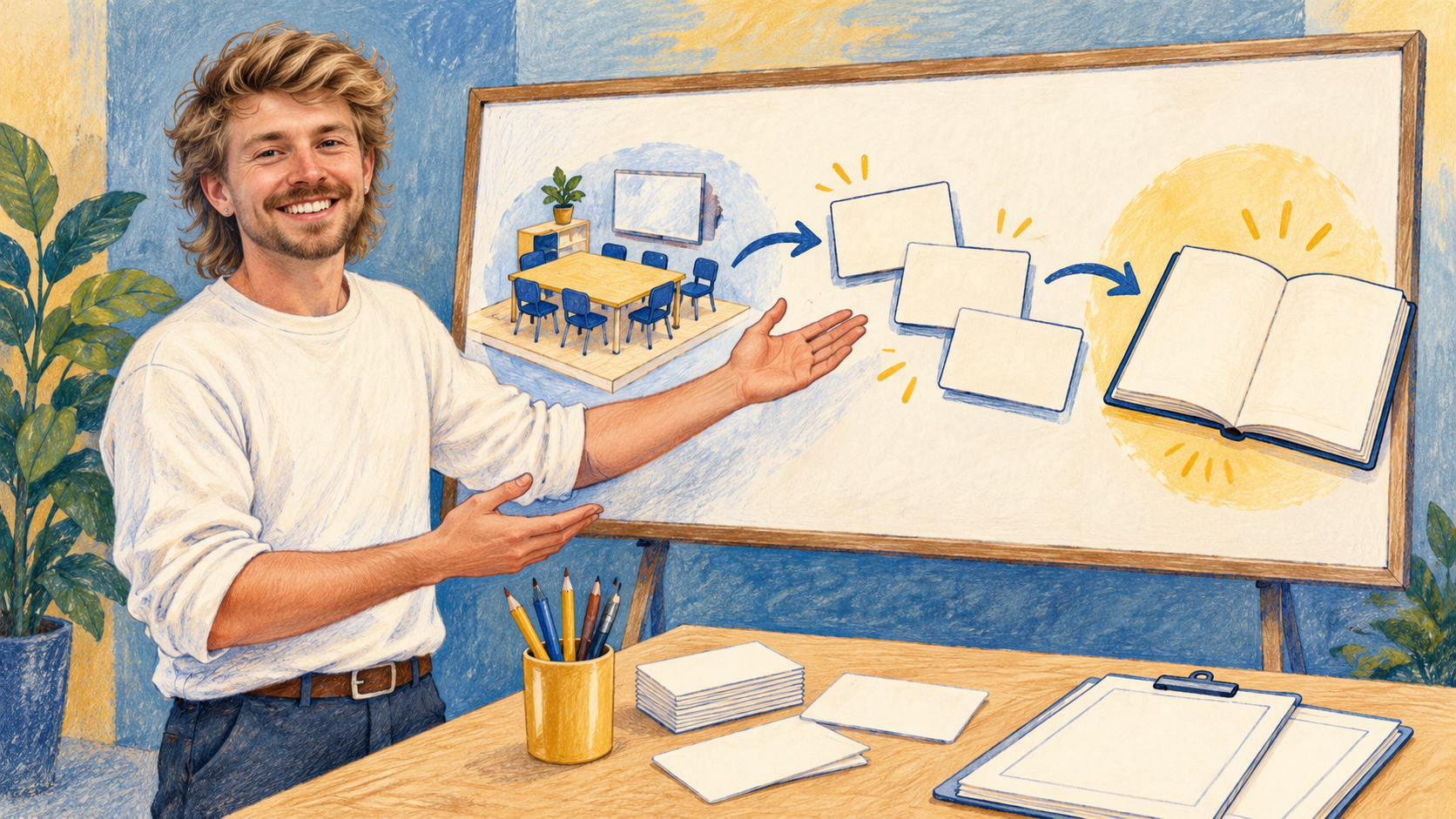Conceptual illustration of AI Gilbert beside a classroom model, learning cards and a notebook