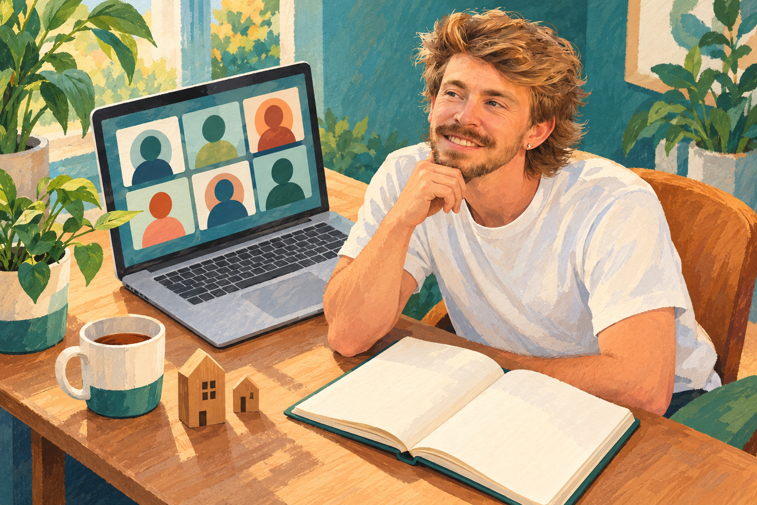 AI illustration of Gilbert beside a laptop and notebook, representing connections to ongoing support.