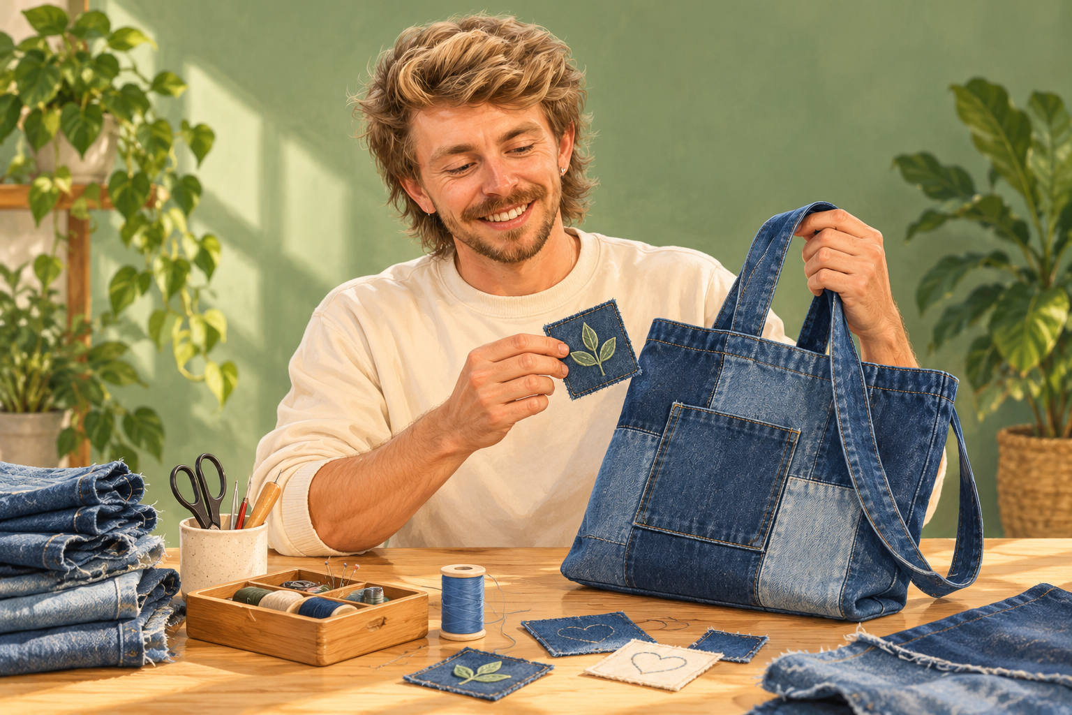 AI illustration of Gilbert with a denim tote, fabric patches and sewing materials, representing textile reuse.