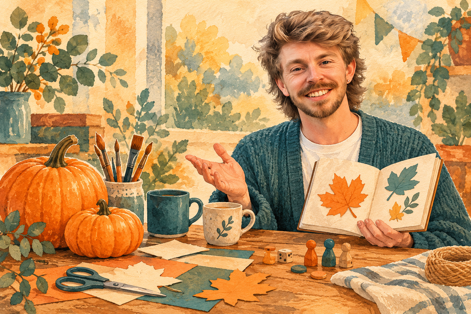 Conceptual illustration of AI Gilbert with pumpkins, craft materials and an illustrated notebook.