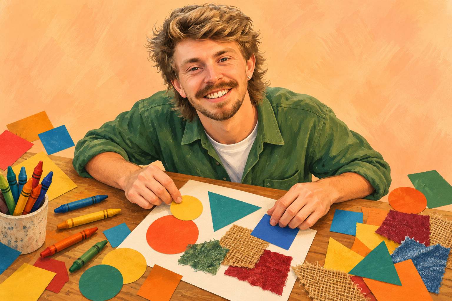 AI illustration of Gilbert arranging original coloured paper shapes and textured fabric on a page beside crayons.